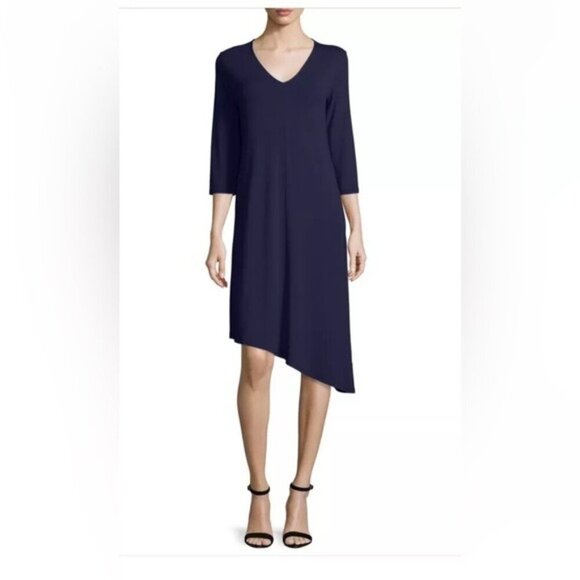 Eileen Fisher V Neck 3/4 Sleeve Asymmetrical Hem Shift Dress Sz Small BLack Soft - Picture 1 of 9